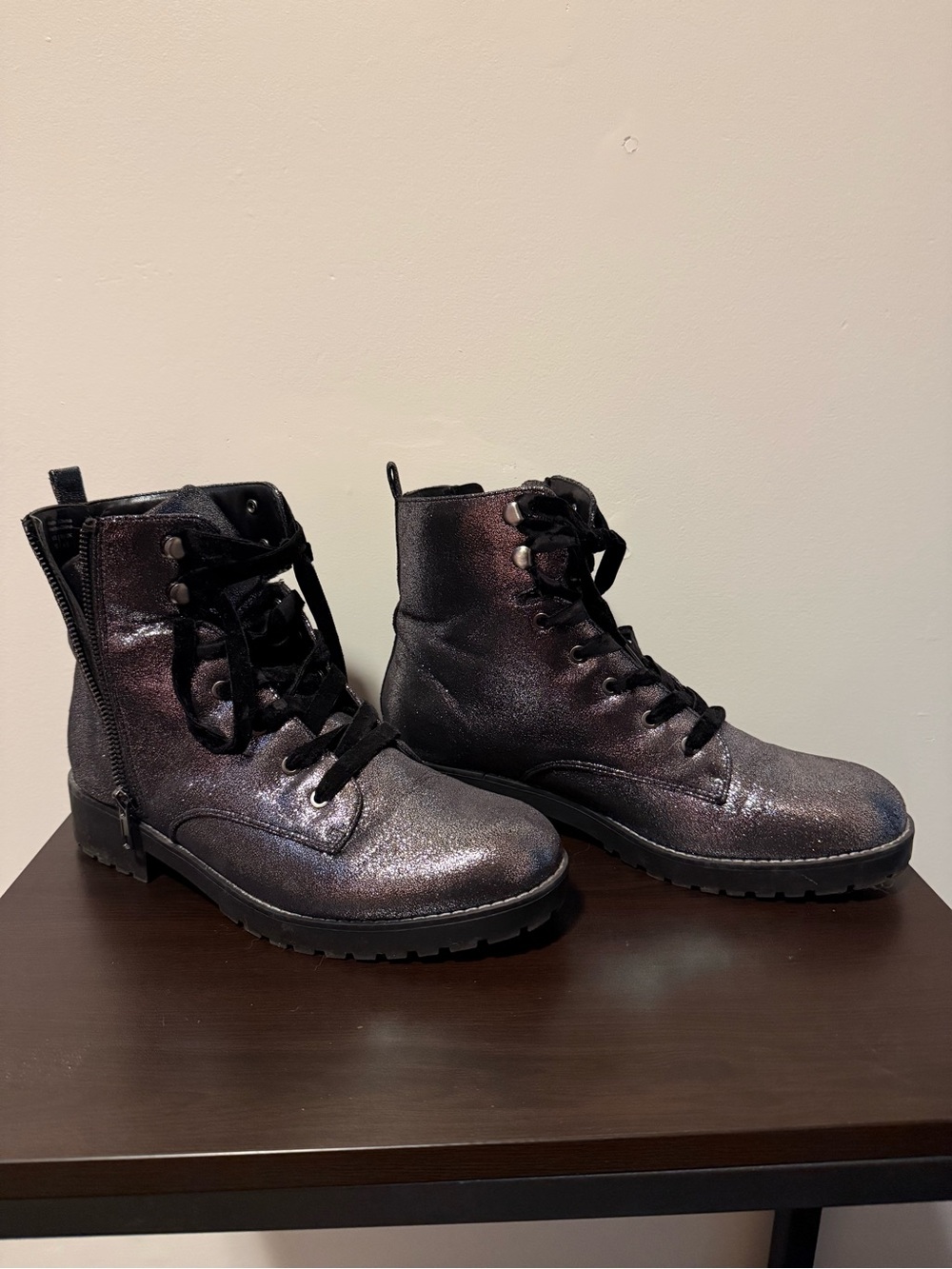 Call It Spring Women's Metallic Black Lace-Up Combat Boots